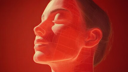 Poster - Human figure represented as three-dimensional wireframe with a vibrant red background highlighting facial contours