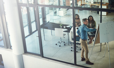 Poster - Meeting, presentation and whiteboard with group of business people in boardroom together for coaching or planning. Above, seminar and workshop with speaker training colleague team in glass office