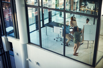 Poster - Meeting, presentation and whiteboard with business people in glass office together for coaching or planning. Above, boardroom and seminar with speaker talking to colleague team in training workshop