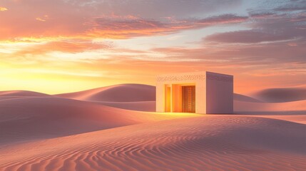 Wall Mural - Desert sanctuary sunset; glowing cube structure.