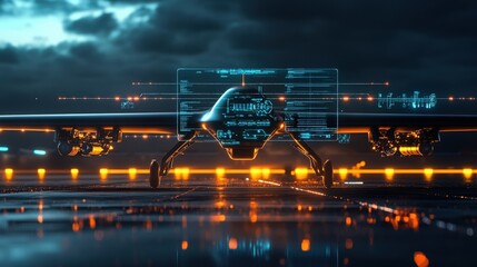 Poster - Advanced unmanned aerial vehicle undergoing system diagnostics and cyber security checks, ensuring safe and protected operations in modern warfare or surveillance on a tarmac at night