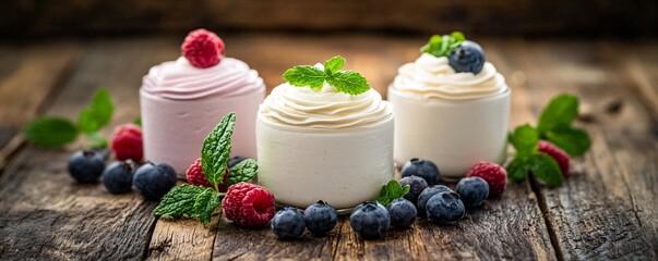 Poster - Delicious frozen yogurt decorated with berries and mint on rustic wooden table