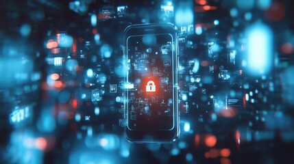 Poster - smartphone displaying a glowing red lock icon, surrounded by digital data and binary code, symbolizi