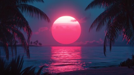 Wall Mural - Pink sunset over tropical ocean beach.