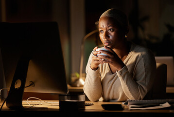 Poster - Night, computer and business black woman with stress for online planning, company proposal and website. Creative, worry and person with coffee for reading research, working late and project deadline