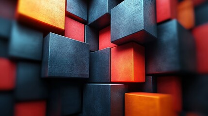 Poster - Abstract Composition Of Interlocking Cubes In Red And Dark Blue