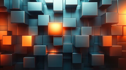 Poster - Abstract Metallic Cubes Glowing Orange And Teal