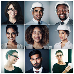 Poster - People, montage and career with diversity, face and industry with tech, helmet and smile for job. Men, women and portrait with engineering, finance and economy with pride, happy and phone call