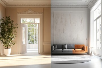 Poster - Stunning transformation of a run down apartment into a bright, modern living space with elegant interior design. Generative AI