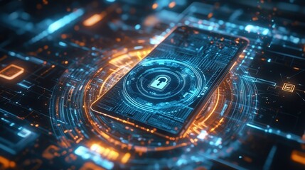 Poster - futuristic cyber security system protecting smartphone data with a glowing padlock icon on the scree