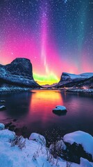 Wall Mural - Aurora borealis shines above a lake by snowy mountains at night, great for travel