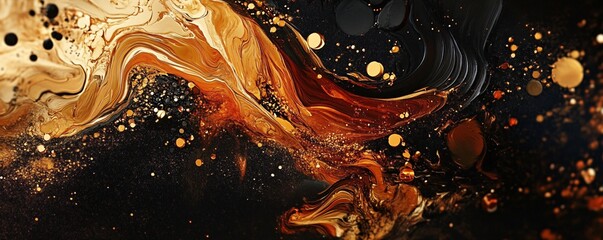 Sticker - Abstract gold and black fluid acrylic painting background with glittering particles