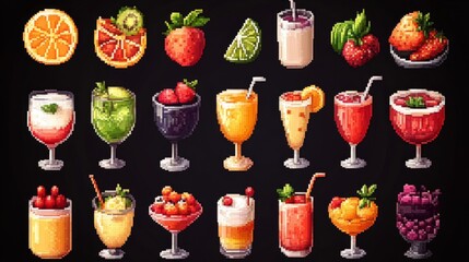 Pixel Art Style Assortment of Colorful Fruity Drinks on a Dark Background
