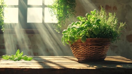 Wall Mural - Sunlit herbs in rustic basket on wooden table.