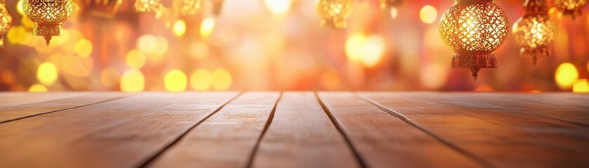 Aufkleber - Warm Golden Lights Festive Background with Wooden Table