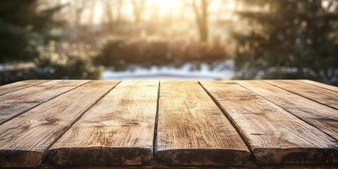 Poster - Rustic Wooden Tabletop in Snowy Winter Park Setting