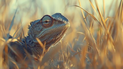 Wall Mural - Close-up of a lizard in tall grass at sunset.