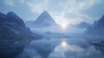 Wall Mural - Serene sunrise over a misty mountain lake.