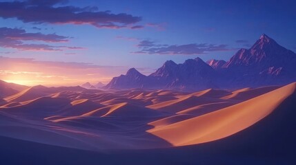 Wall Mural - Sunset over vast desert dunes and majestic mountains.