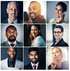 Aufkleber - Collage, professional and portrait of business people in office for corporate, diversity and career. Commitment, mission and series of group of employees for pride, inclusion and montage background
