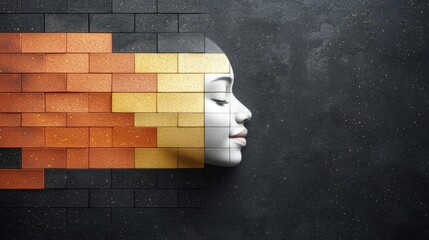 Poster - Artistic Concept of Human Face Emerging from Colorful Brick Wall with Smooth Features and Subtle Expressions
