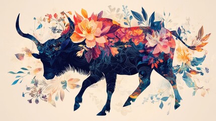 Poster - Majestic Bull Silhouette with Vibrant Floral Design