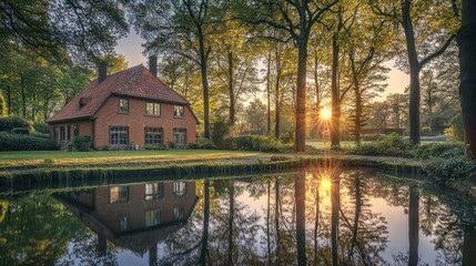 Wall Mural - Brick house reflected in calm pond at sunrise.