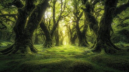 Wall Mural - Sunlit mossy forest path.