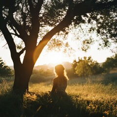 Poster - Silhouette of a woman sitting under a tree during sunset in a serene landscape. Generative AI