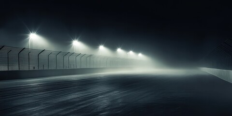 Wall Mural - eerie night road shrouded in fog with glowing streetlights