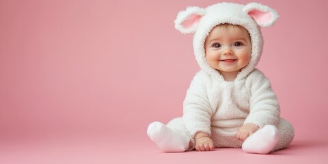 Cute baby dressed in a fluffy animal costume sitting on a pink background during a cheerful photoshoot