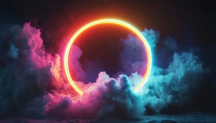 Poster - Vibrant Neon Circle in a Smoky Atmosphere