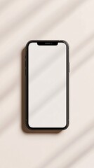 Poster - Smartphone with blank white screen showing app design on beige background with window light shadows