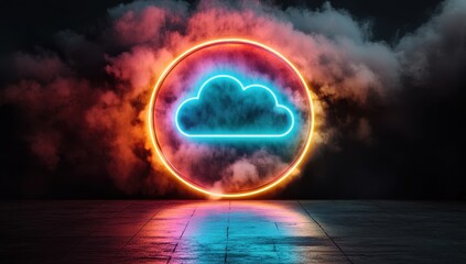Poster - Neon Cloud Symbol in a Smoky Digital Dreamscape