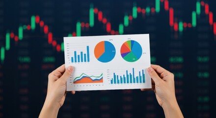 Wall Mural - Analyzing Financial Data: Charts and Graphs Against Stock Market Backdrop