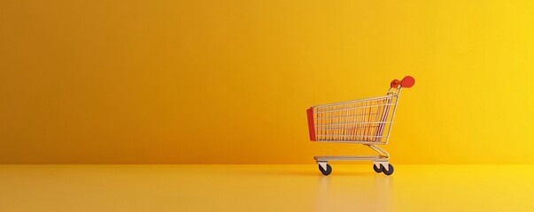 Poster - Empty shopping cart on yellow background representing online shopping and consumerism