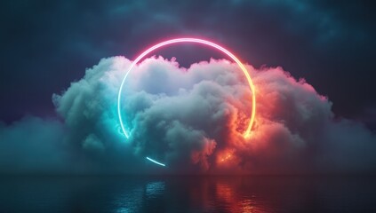 Wall Mural - enigmatic neon circle emerging from a cloud of fog at night
