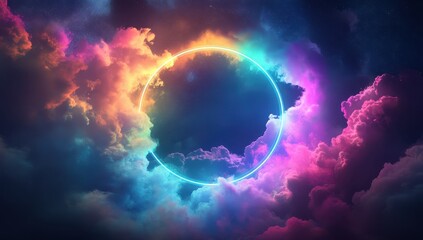 Poster - Vibrant Neon Circle in a Cosmic Cloudscape
