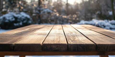 Poster - Rustic Wooden Table in a Snowy Winter Landscape