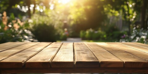 Poster - Rustic Wooden Table in a Sunlit Garden Setting