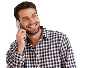Aufkleber - Man, phone call and smile for talk in studio, listening and mobile networking by white background. Person, smartphone and connection for contact with happy, excited and discussion with mock up space