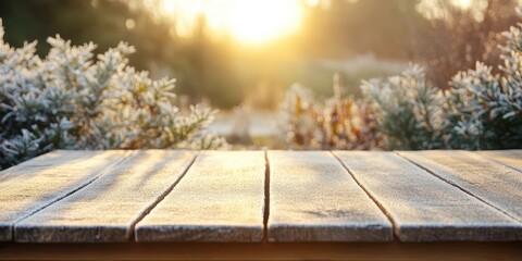 Poster - Frosty Wooden Table at Sunrise in a Winter Landscape