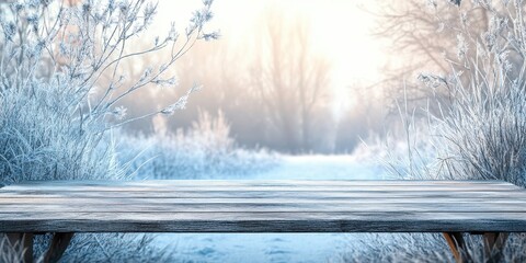 Poster - Snowy Winter Landscape with Rustic Wooden Table and Frosty Branches