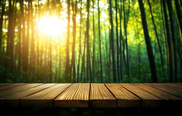 Poster - Sunlit Forest with Wooden Tabletop Background