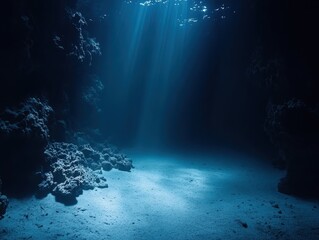 Poster - Mysterious Deep Ocean: Sunbeams Illuminate Dark Underwater Cave