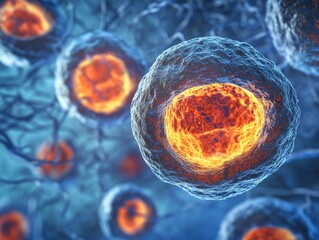 Poster - Microscopic View of Glowing Cells in a Complex Network