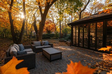 Poster - Autumnal backyard patio scene with furniture, sunlit trees, and fallen leaves.