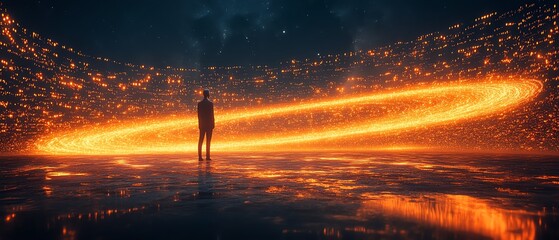 Poster - Global network connecting people in abstract illustration, central figure standing at hub, vivid orange lights showcasing connections, modern technology and networking concept