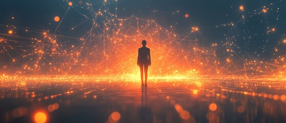 Poster - Global network connecting people in abstract illustration, central figure standing at hub, vivid orange lights showcasing connections, modern technology and networking concept
