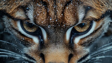Poster - Close-up of a bobcat's intense gaze, rain droplets on its fur.